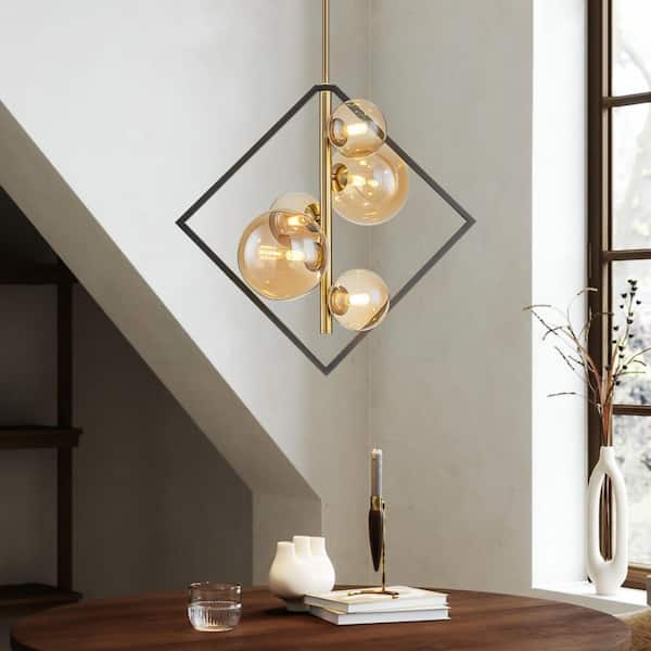 RRTYO Zoyla 5-Light Black and Gold Modern Square Geometric Amber Glass Globe Bubble Pendant Light/Chandelier for Dining Room