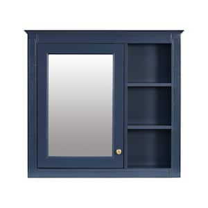 30 in. W x 28 in. H Rectangular Blue Wood Surface Mount Medicine Cabinet with Mirror Soft Close Door and 3-Open Shelves