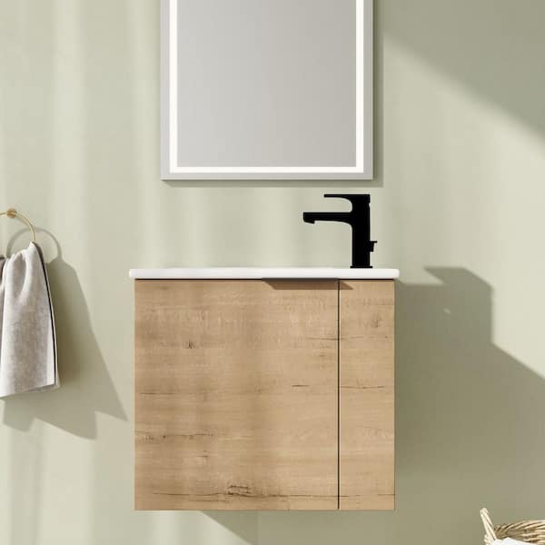 22 in. Wall-Mounted Single Oak Bath Vanity with White Ceramic Vanity Top Unassembled