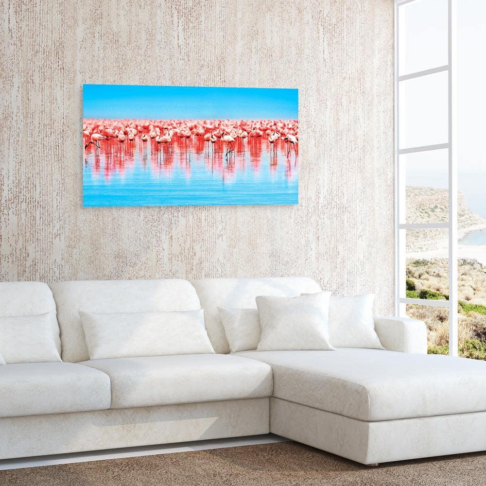 Flamingo Flock Blue and Pink Tempered Glass Wall Art, 24" x 48"