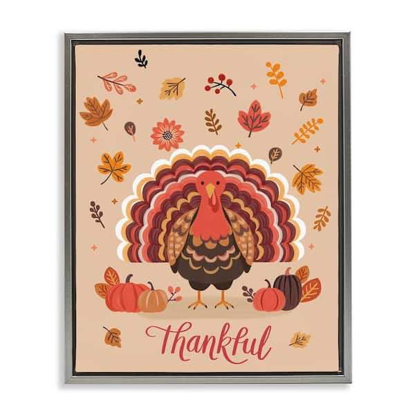 Stupell Industries Thankful Autumnal Turkey by Nancy McKenzie Gray Floater Frame Animal Graphic Art Print 31 in. x 25 in.