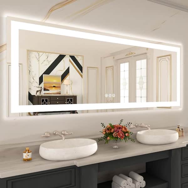 84 in. W x 32 in. H Rectangular Frameless LED Frontlit, RGB Backlit Anti-Fog Tempered Glass Wall Bathroom Vanity Mirror
