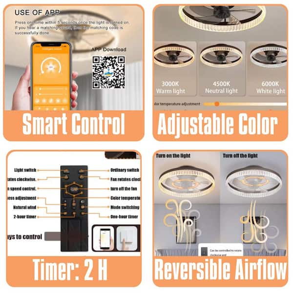 19.7 in. Ceiling Fans with Lights, Minimalist Ring Led Chandelier Fan with Remote Control for Bedroom Living Room, Brown