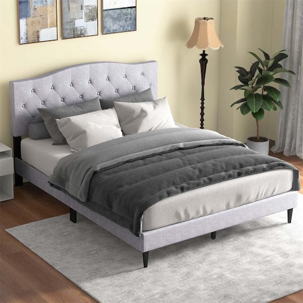 Gray Wood Frame Queen Size Platform Bed with Button Tufted Headboard