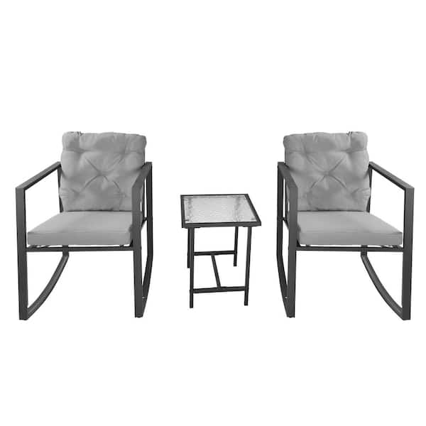 Siavonce Grey 3-Piece Outdoor Patio Set Rocking Chair Conversation Set Upholstered Chair with Coffee Table for Patio and Bistro