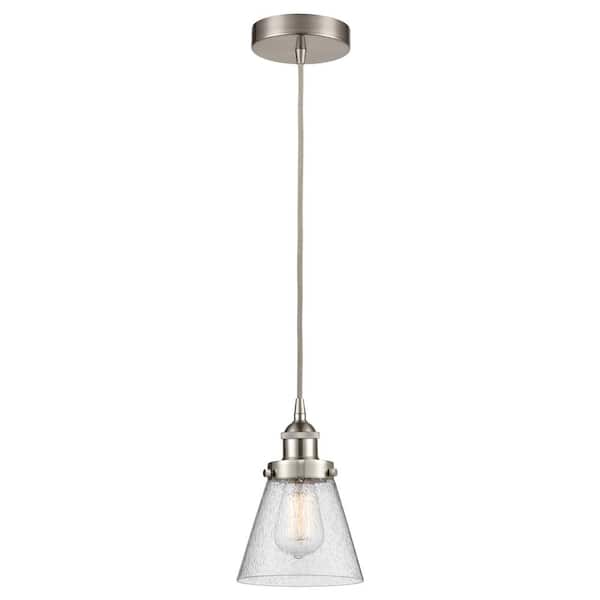 Innovations Cone 60-Watt 1-Light Brushed Satin Nickel Standard Mini Pendant Light with Seeded Glass Shade, No Bulbs Included