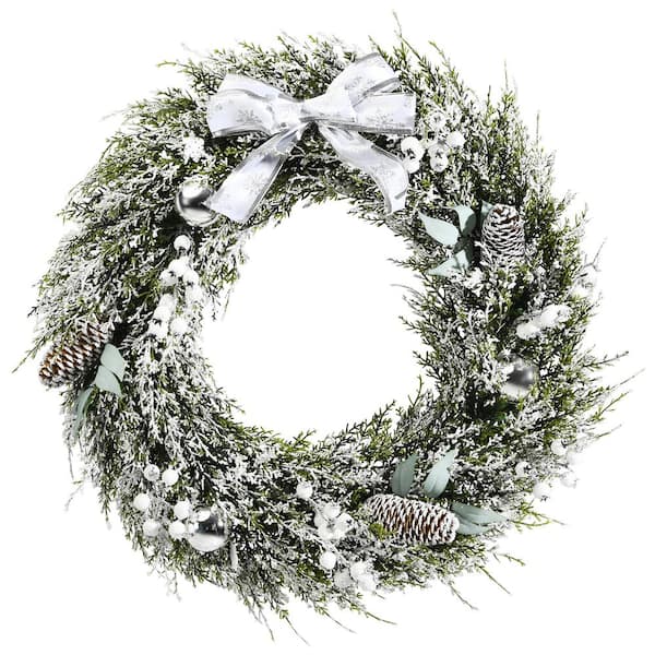 Costway 24 in. Snowy PE Artificial Christmas Wreath with Pine Cones and White Berries