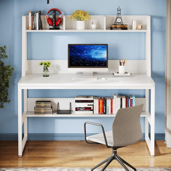 BYBLIGHT Witham 47.2 in. Rectangular White Engineered Wood Computer Desk with Hutch and Shelf
