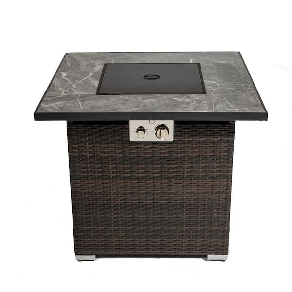 Tidoin 30 in. Brown Square Outdoor Wicker Propane Fire Pit Table with Glass Rocks and Rain Cover