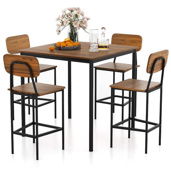 Costway 5-Piece Industrial Wood Top Dining Table Set with Counter Height Table and 4-Bar Stools Walnut