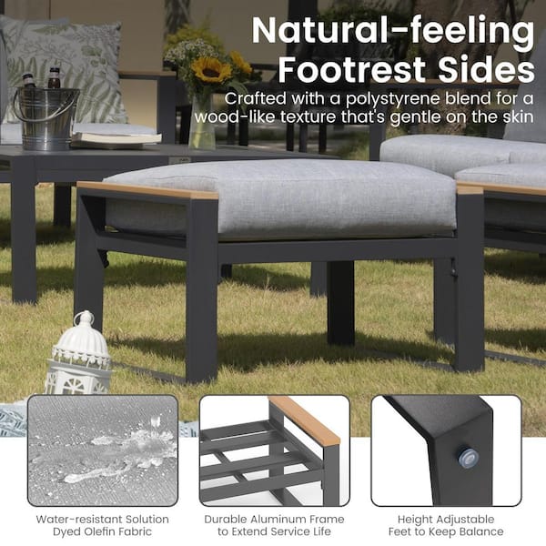 2 Pieces Aluminum Patio Ottoman, Outdoor Ottoman with Grey Cushions, Grey