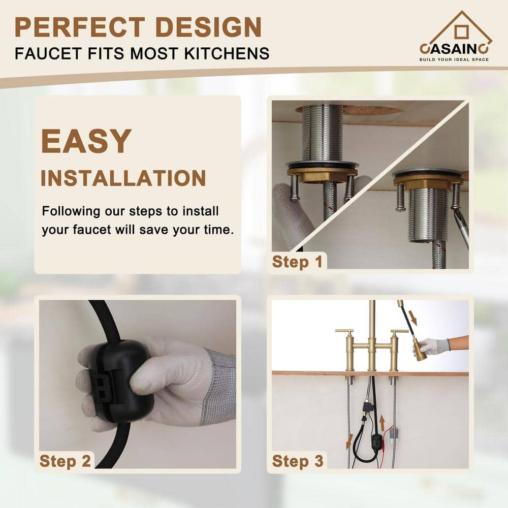 Brushed Gold Double Handle Pull-Out Spray Kitchen Faucet
