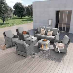 8-Piece Gray Wicker Patio Conversation Set with Swivel Rocking Chairs and Side Table, Linen Grey
