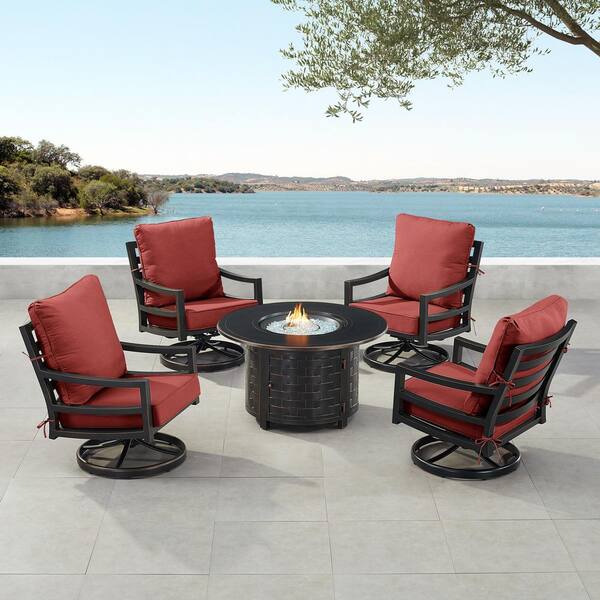 Oakland Living Black 7-Piece Aluminum Patio Fire Pit Set with 4-Club Chairs Red Cushions