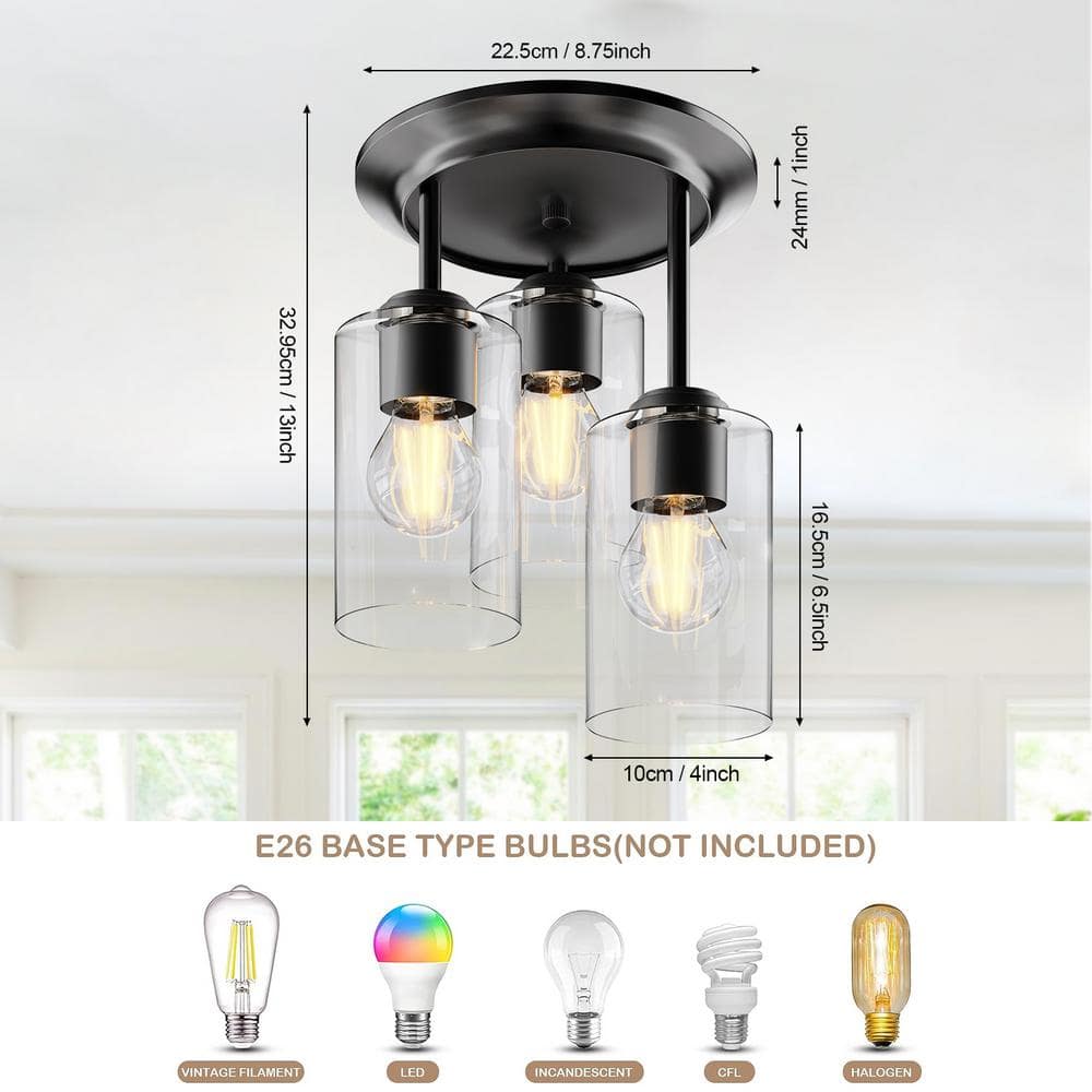 Black Metal 3-Light Round Semi-Flush Mount with Clear Glass Shades