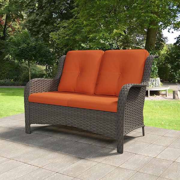 Brown Wicker Outdoor Patio Deep Seating Loveseat Couch with Orange Cushions