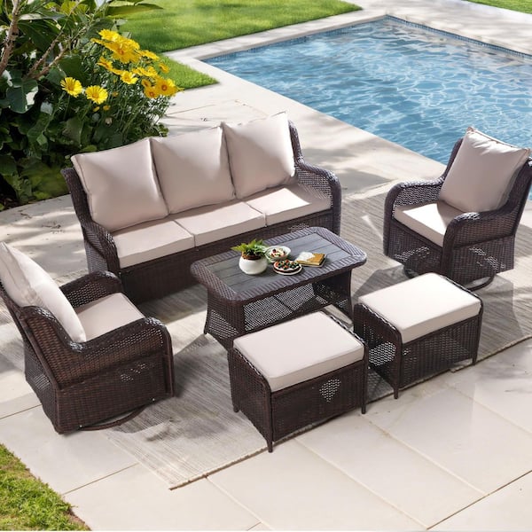 NOBLEMOOD Khaki 6-Pieces Wicker Patio Conversation Set With Ottoman Coffee Table Khaki Cushions
