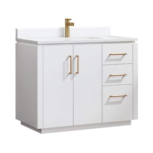 San 42 in. W x 22 in. D x 33.8 in. H Single Bath Vanity in White with White Grain Composite Stone Top