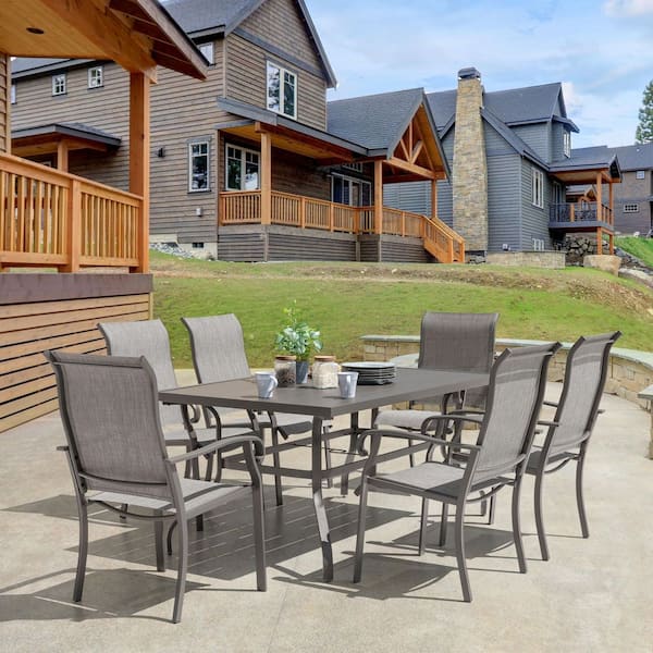Gray 7-Piece Textilene and Iron Outdoor Dining Set, 6-Chairs and Metal Rectangle Table with 1.6 in. Umbrella Hole