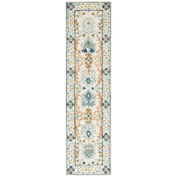 Aspen 2 ft. x 15 ft. Ivory/Blue Border Floral Geometric Runner Rug