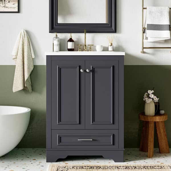 24 in. Single Sink Freestanding Blue Gray Bath Vanity with White Ceramic Top Unassembled
