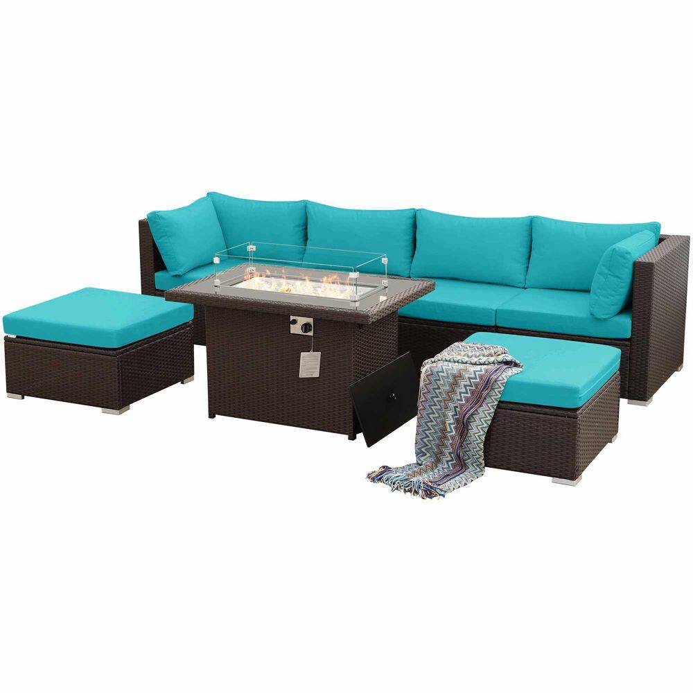 Luxury 7-Piece Espresso Wicker Patio Fire Pit Coversation Sectional Sofa Set with Ottomans and Teal Cushions price history on PriceWatchPro