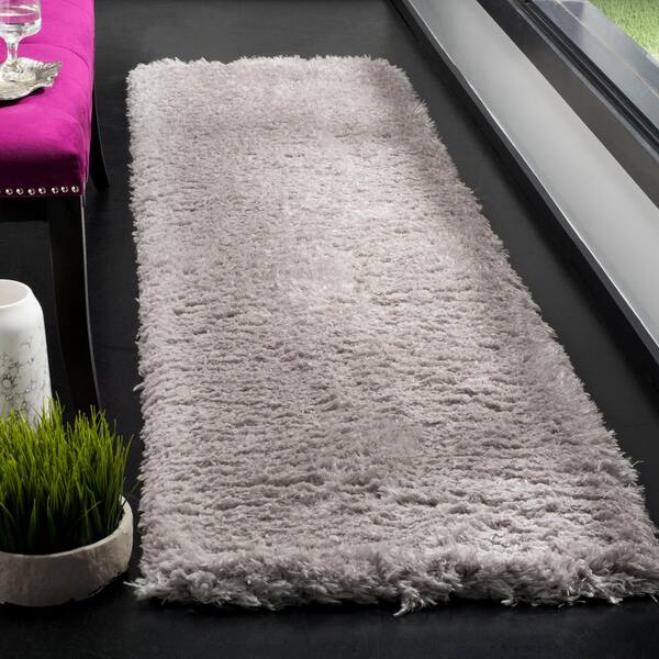 Flokati Shag 2 ft. x 10 ft. Silver Solid Runner Rug