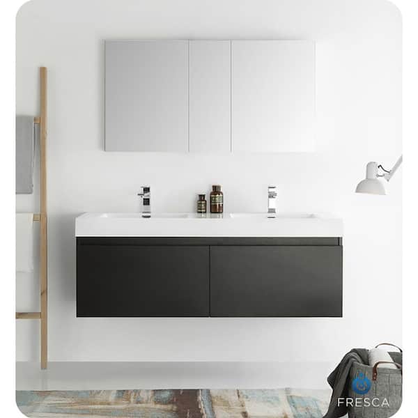 Mezzo 60 in. Modern Wall Hung Double Sink Bath Vanity Cabinet Only in Black