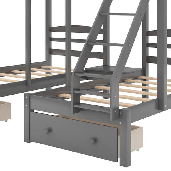 Gray Full over Twin and Twin Bunk Bed, Triple Bunk Bed with Drawers