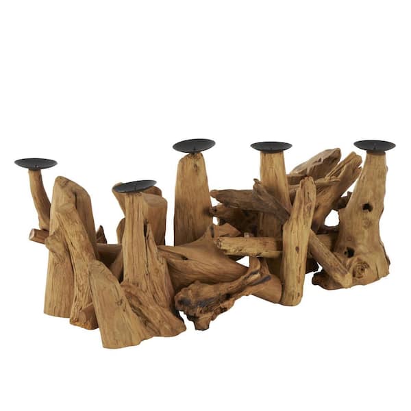 12 in. Brown Wood Teak Handmade Live Edge Candelabra