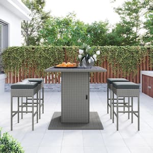 5-Piece Wicker Outdoor Dining Set with Storage Shelf and Dark Gray Cushions