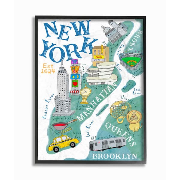Stupell Industries 24 in. x 30 in. "New York Landmarks and Taxis Illustrated Map" by Carla Daly Framed Wall Art