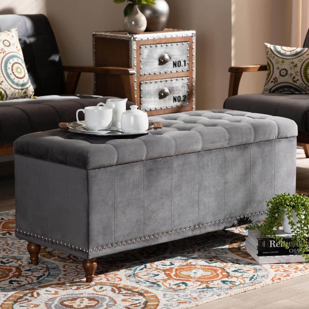Kaylee Gray Velvet Tufted Storage Ottoman Bench