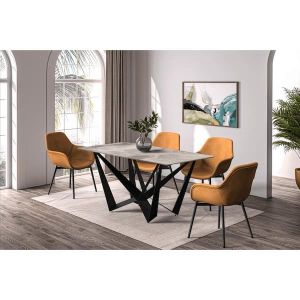 Leisuremod Nuvor Modern Round Deep Grey Sintered Stone 62 in. Tabletop 4-Legs Base Dining Table Dining Table Seats-6