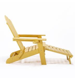 Folding Plastic Adirondack Chair with Pullout Ottoman and Cup Holder for Deck Garden in Yellow