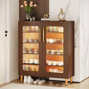 39.4 in. H x 31.5 in. W Walnut Shoe Storage Cabinet with Doors and Light, 5-Tier Shoe Rack with Adjustable Shelves