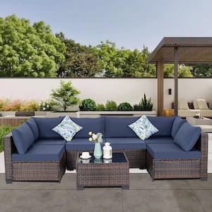 7-Piece Brown Wicker Outdoor Sectional Set with Blue Cushions for Garden Backyard