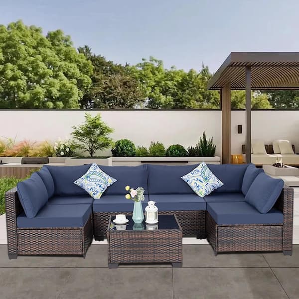 7-Piece Brown Wicker Outdoor Sectional Set with Blue Cushions for Garden Backyard