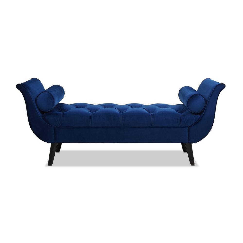 Navy Blue Velvet Mahogany Finish Mid-Century Bedroom Bench