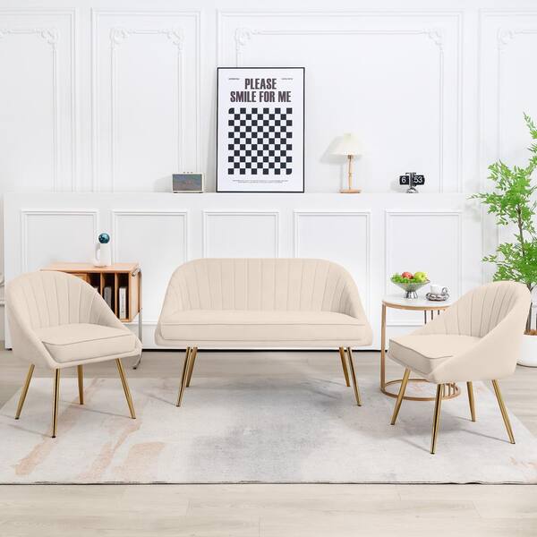 JEAREY 3-Piece Living Room Set with Brushed Velvet in Beige