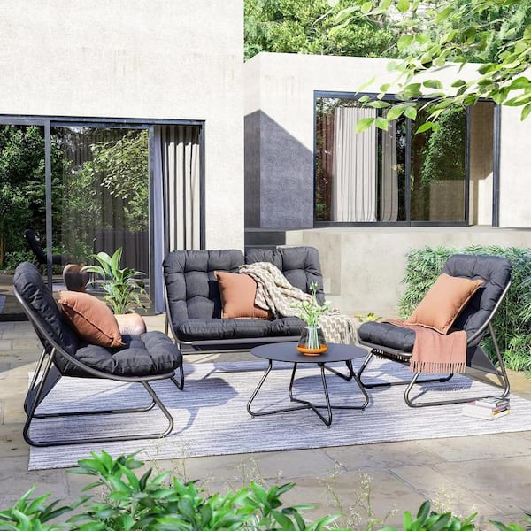 UPLAND 4-Piece Metal Outdoor Patio Conversation Set with Charcoal Grey Cushion, Coffee Table for Backyard, Garden