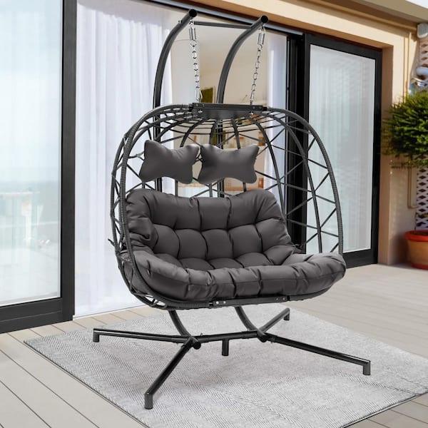 FINCATI Large 2-Person 700 lbs. Gray Wicker Double Patio Swing Egg Chair with Black Stand and Gray Cushions