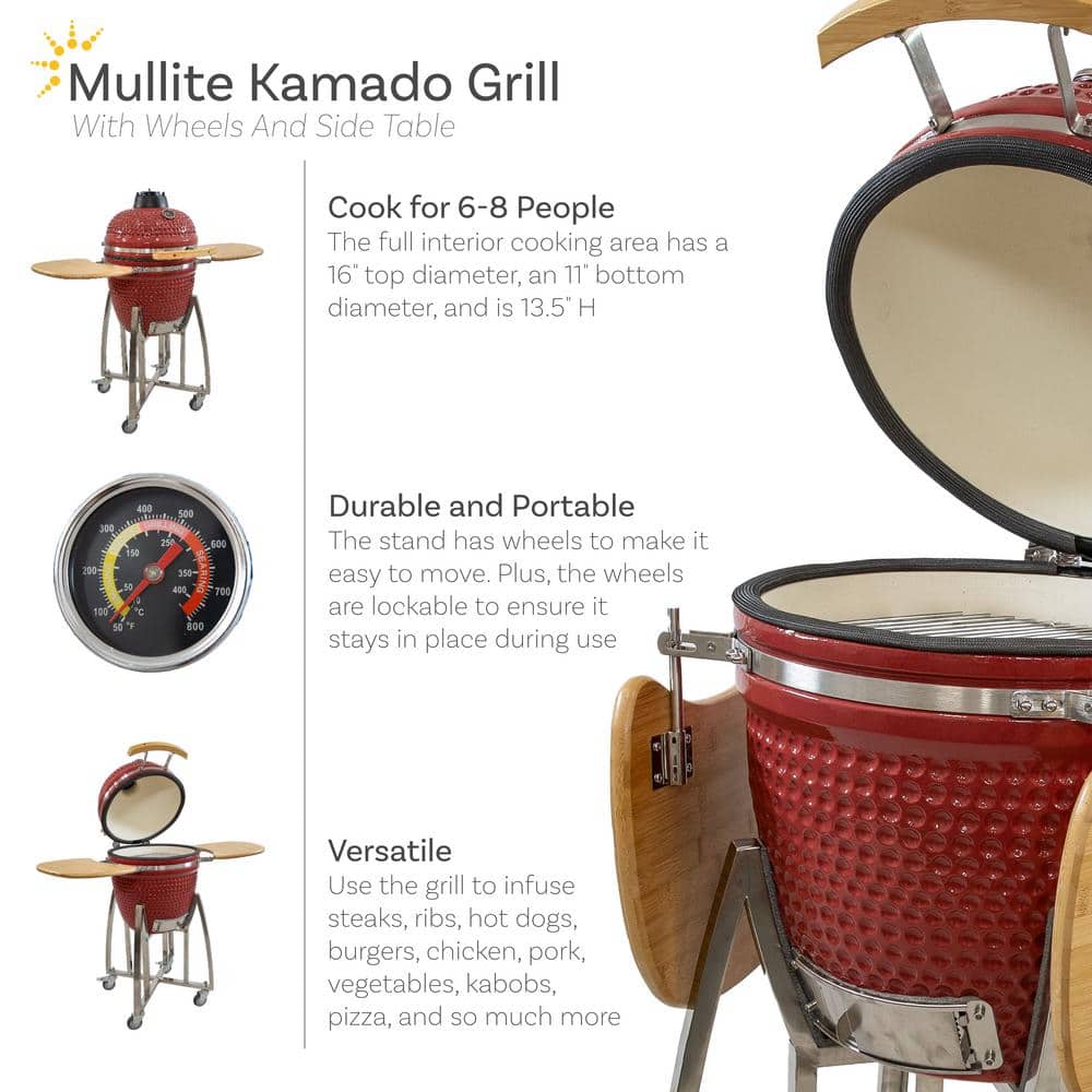 Red Ceramic Kamado Grill with Smoker and Bamboo Side Tables