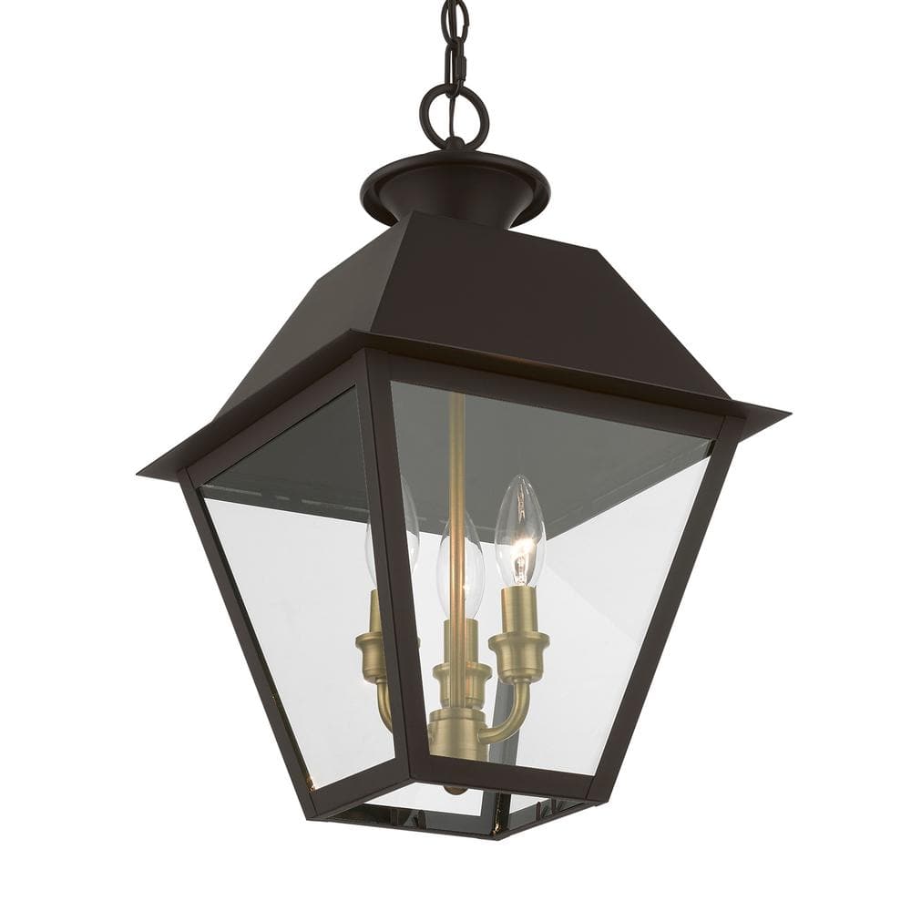 Bronze and Antique Brass 3-Light Outdoor Pendant with Clear Glass