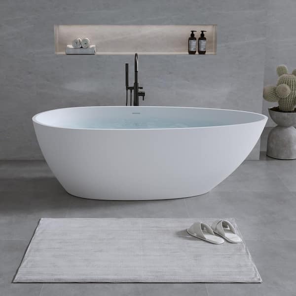 59 in. x 30.7 in. Stone Resin Solid Surface Freestanding Double Slipper Soaking Bathtub in White with Pop-Up Drain