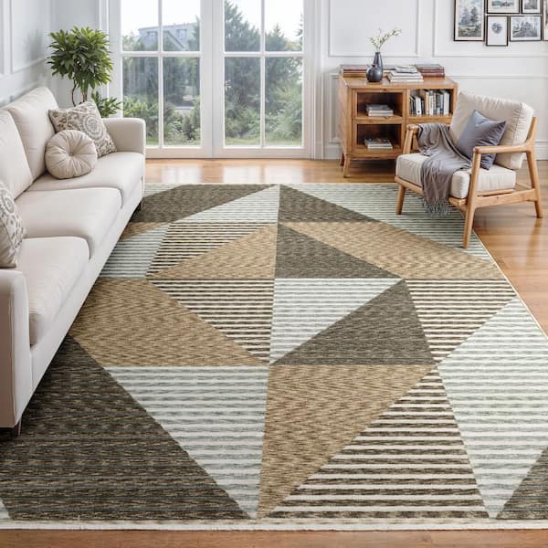 Eclipse Beige/Gray 8 ft. x 11 ft. Striped Geometric Polyester Fringe-Edge Indoor Area Rug