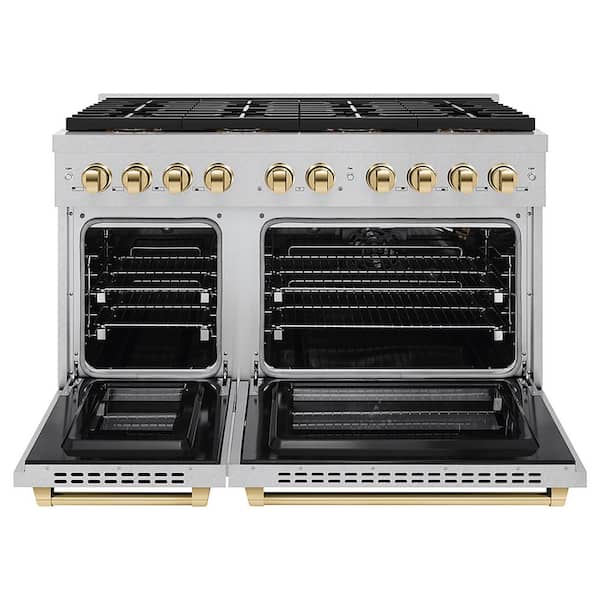 Autograph 48 in. 6.7 cu. ft. Paramount Gas Range with 8-Burner DuoPro Cooktop and Dual Ovens in Satin Stainless and Gold