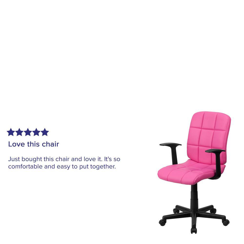 Elegant Mid-Back Pink Quilted Vinyl Swivel Task Chair with Arms