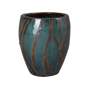 14 in. L x 17 in. H Teal Ceramic Round Planter