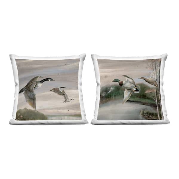 Geese & Ducks in Nature Green Abstract Polyester 18 in. x 18 in. Throw Pillow Set of 2